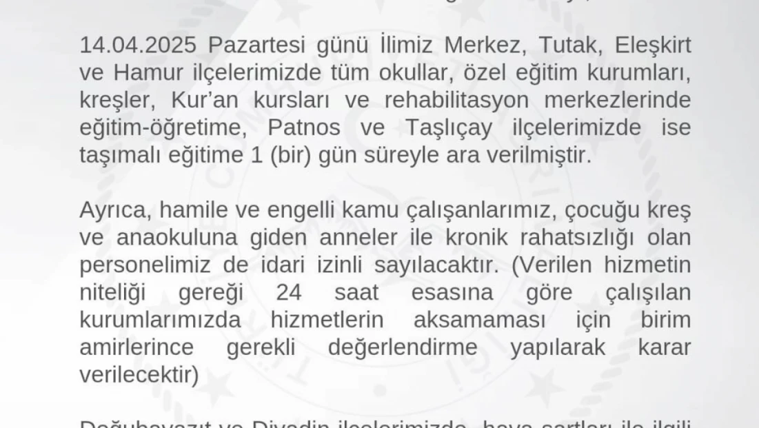 Ağrı’da eğitime ara