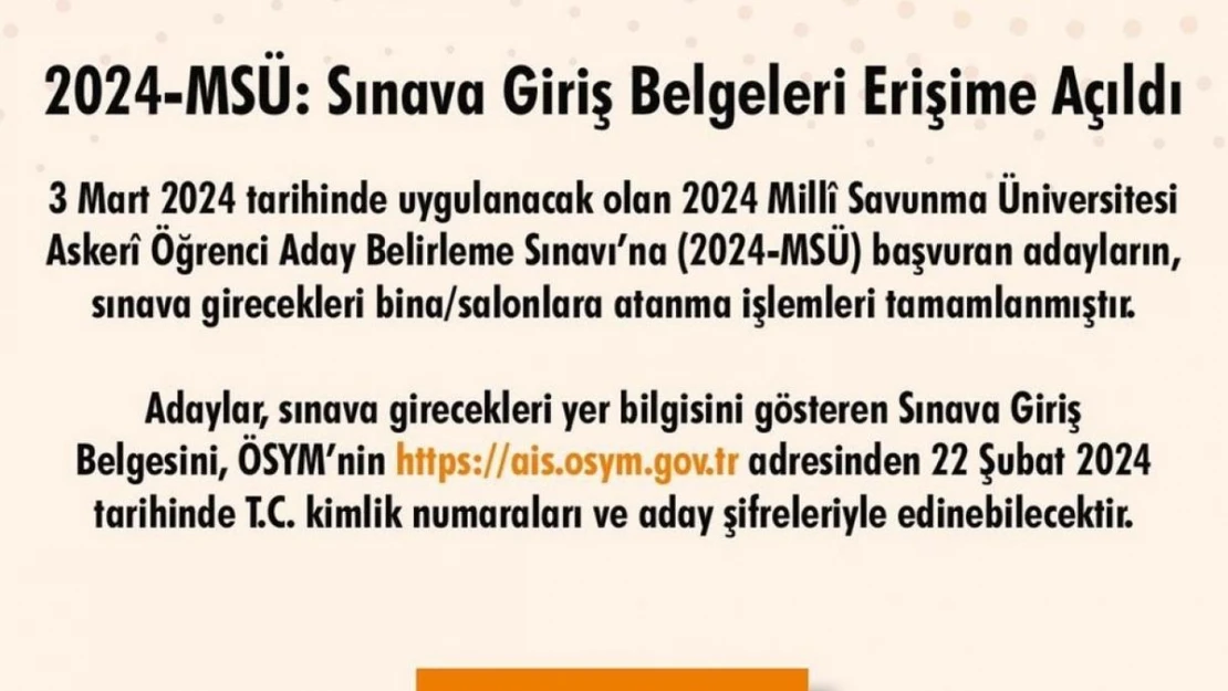 2024-MSÜ sınava giriş belgeleri erişime açıldı