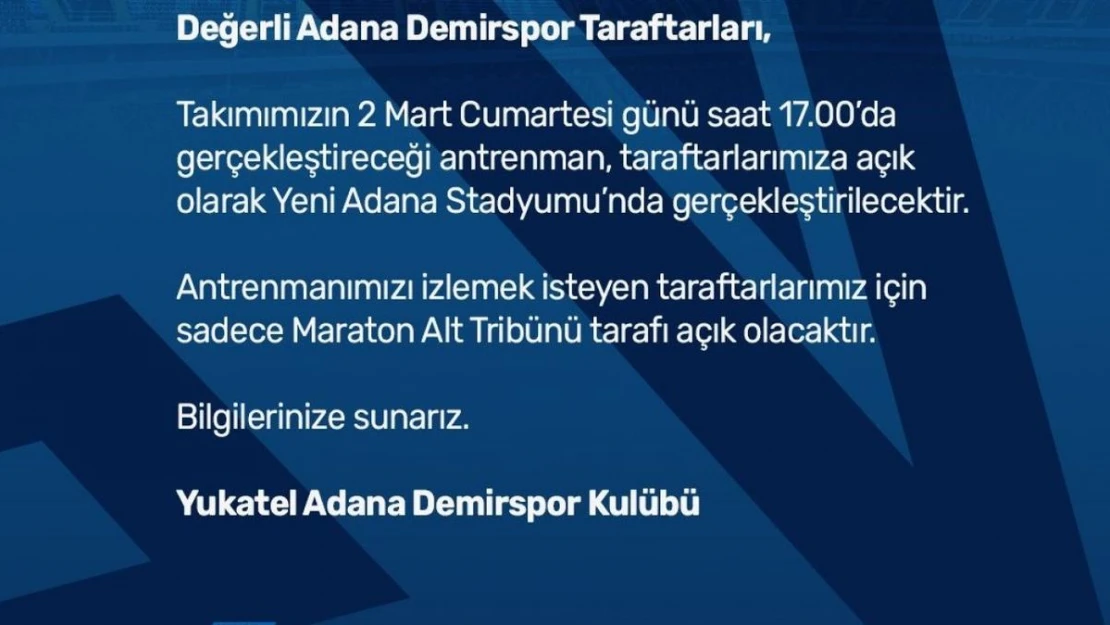 Adana Demirspor antrenmanı taraftara açık olacak