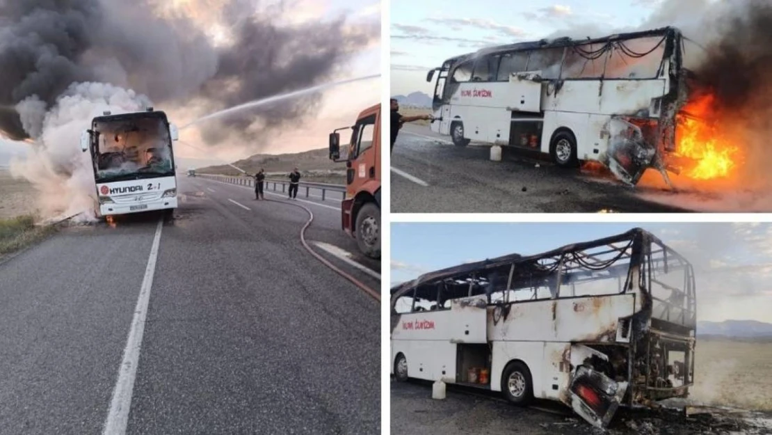 Ağrı'da korkutan kaza... Otobüs seyir halinde alev topuna döndü