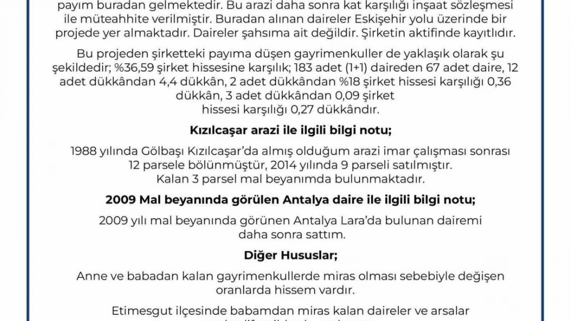 Ankara Büyükşehir Belediye Başkan Adayı Altınok mal varlığını açıkladı