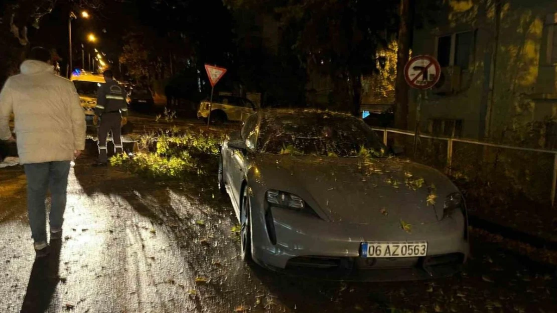 Ankara'da şiddetli rüzgarda kırılan ağaç dalı lüks otomobilin üzerine düştü