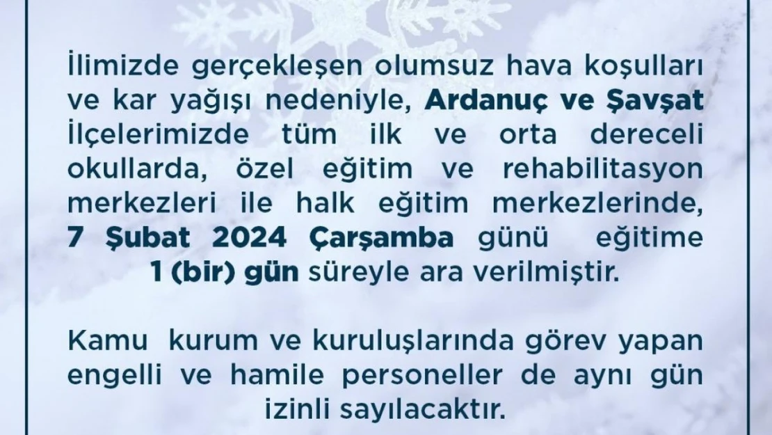 Artvin'in Ardnuç ve Şavşat ilçelerinde okullar kar nedeniyle tatil edildi