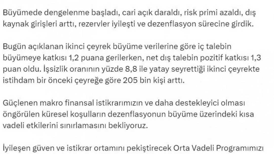 Bakan Şimşek: 'Büyümede dengelenme başladı, cari açık daraldı, risk primi azaldı, dış kaynak girişleri arttı, rezervler iyileşti'