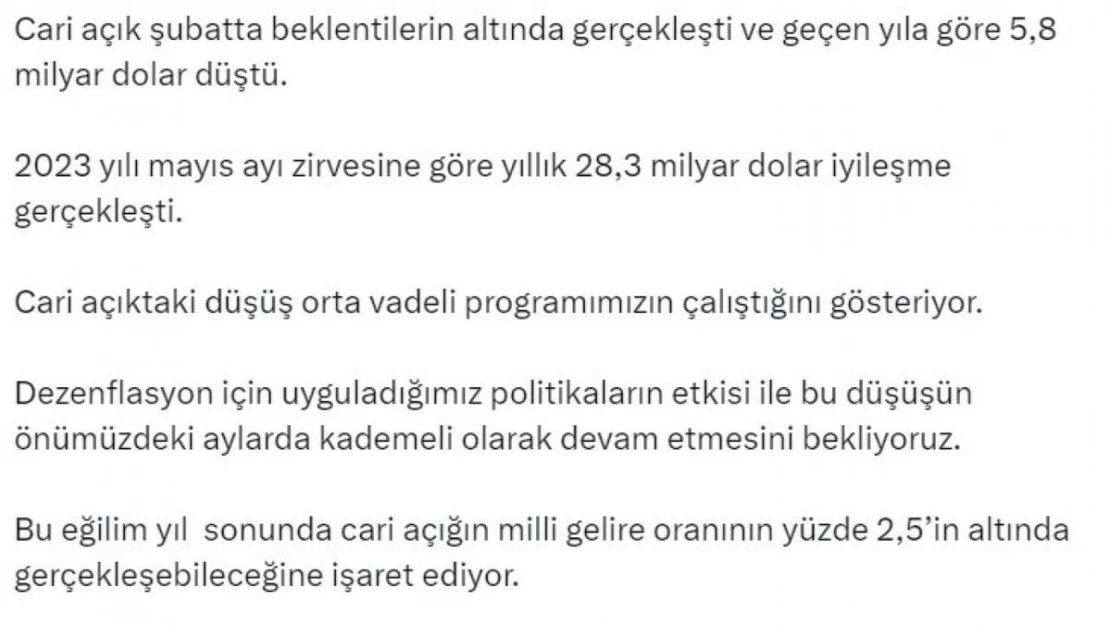 Bakan Şimşek: 'Cari açıktaki düşüş orta vadeli programımızın çalıştığını gösteriyor'