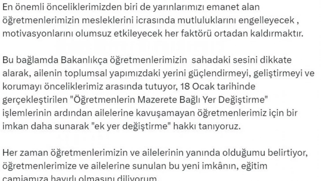 Bakan Tekin: 'Ailelerine kavuşamayan öğretmenlerimiz için bir imkan daha sunarak, ek yer değiştirme hakkı tanıyoruz'