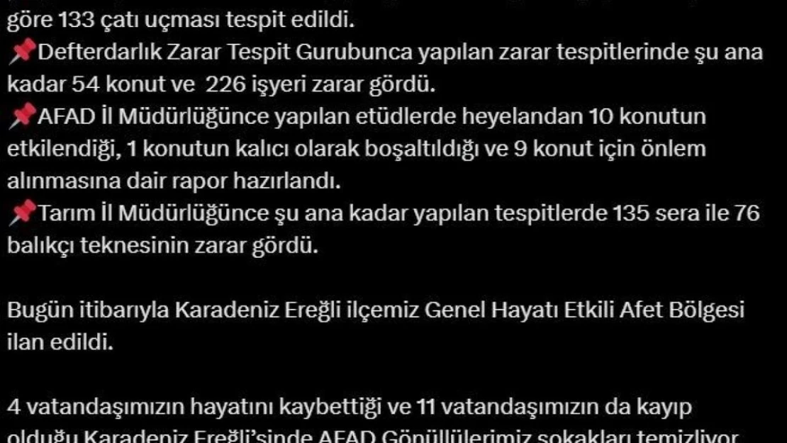 Bakan Yerlikaya: 'Bugün itibarıyla Karadeniz Ereğli ilçemiz 'Genel Hayata Etkili Afet Bölgesi' ilan edildi'