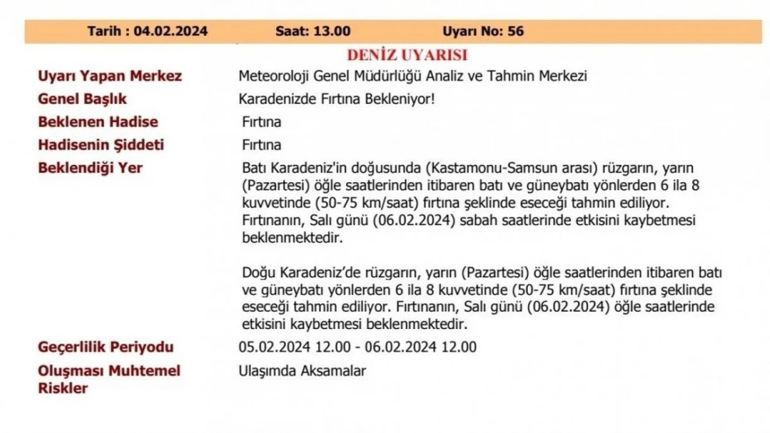 Batı Karadeniz için fırtına uyarısı