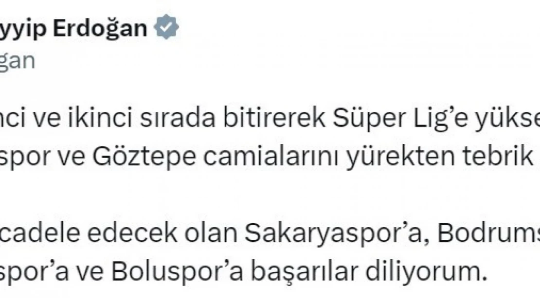 Cumhurbaşkanı Erdoğan'dan TFF 1. Lig'e yükselen takımlara tebrik