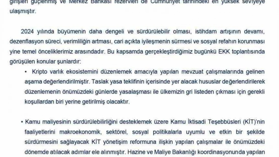 Ekonomi Koordinasyon Kurulu: 'Yapısal reformlar hayata geçirilerek bu doğrultuda etkin ve kararlı adımlar eş güdüm içerisinde atılacak'