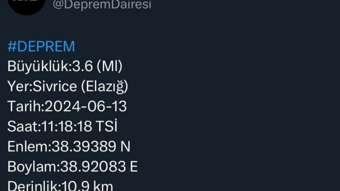 Elazığ'da 3.6 büyüklüğünde deprem