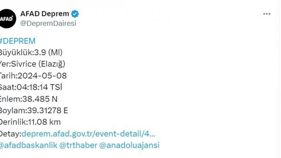 Elazığ'da 3.9 büyüklüğünde deprem