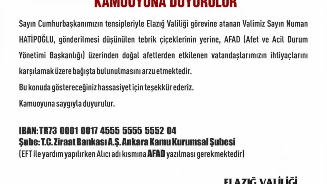 Elazığ'ın yeni Valisi Hatipoğlu, çiçek yerine AFAD'a bağışta bulunulmasını istedi