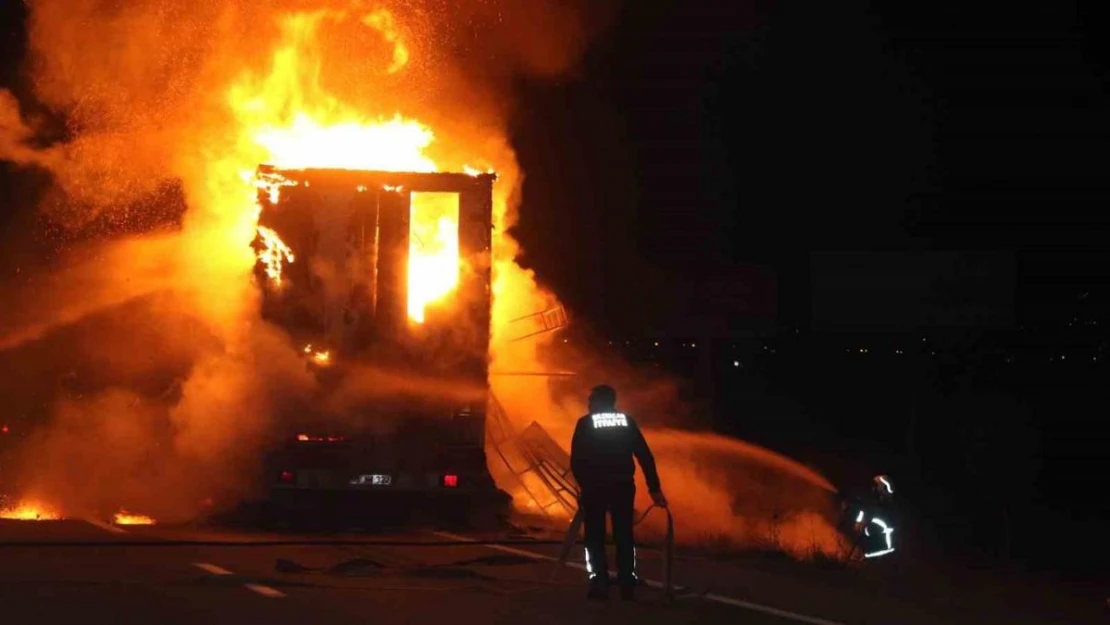 Erzincan'da mobilya yüklü tır alev alev yandı