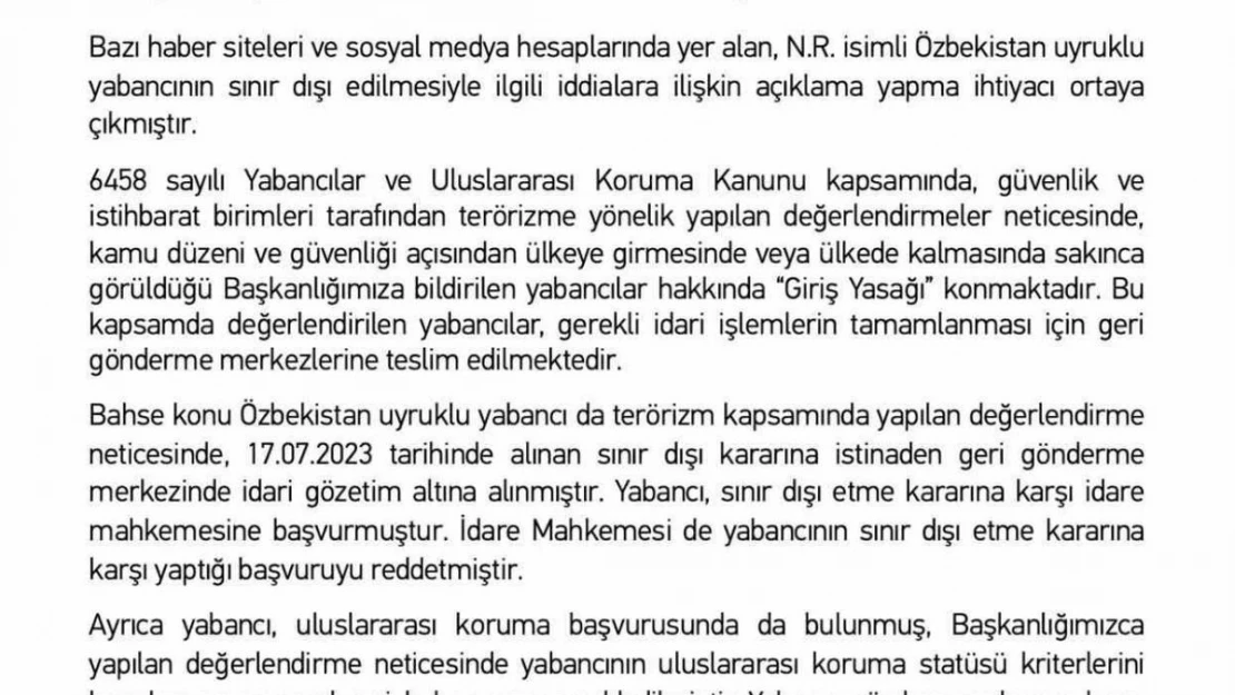 Göç İdaresi Başkanlığı: 'Özbekistan uyruklu N.R. sınır dışı edildi'