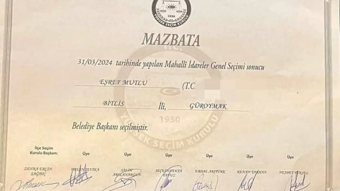 Güroymak Belediye Başkanı seçilen Eşref Mutlu mazbatasını aldı