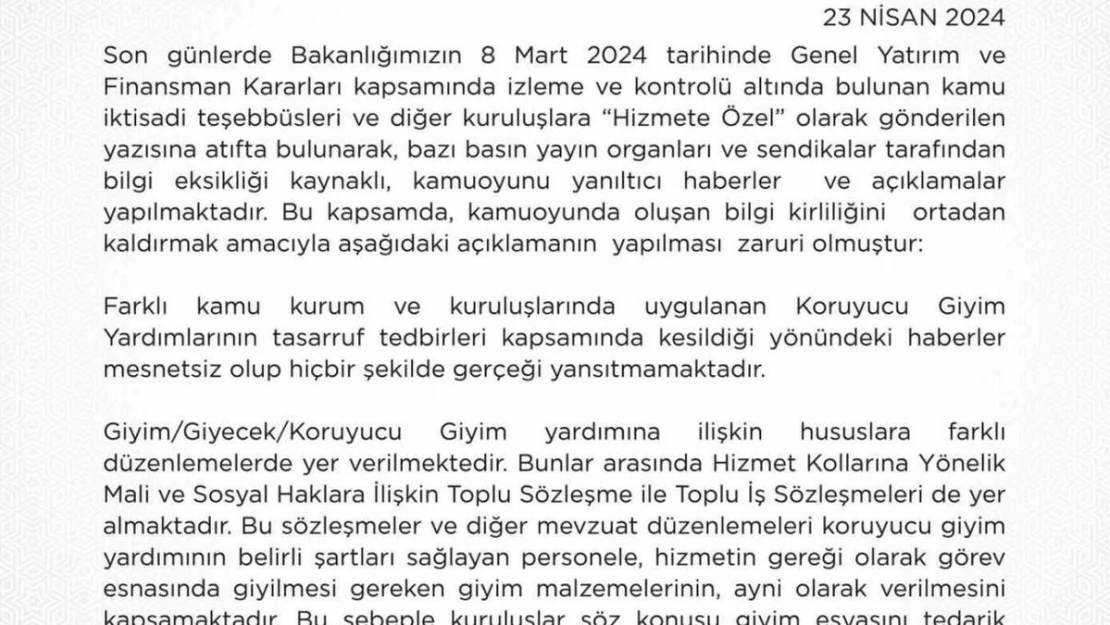 Hazine Bakanlığı: 'Koruyucu giyim yardımları kesildi haberleri gerçeği yansıtmıyor'