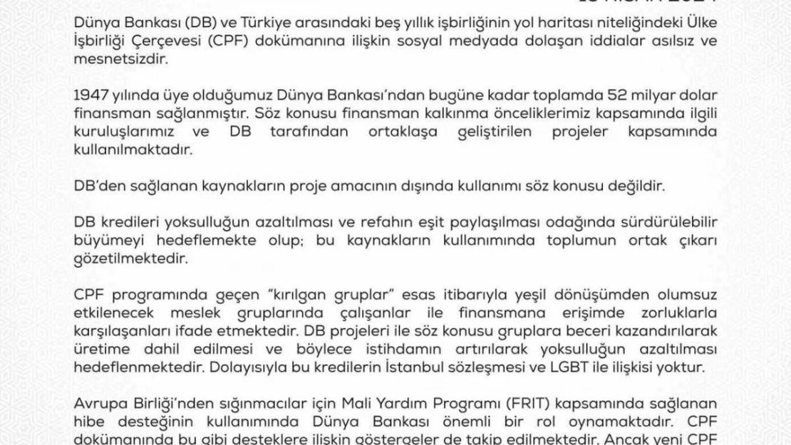 Hazine ve Maliye Bakanlığından Dünya Bankasından alınan kaynaklara ilişkin açıklama