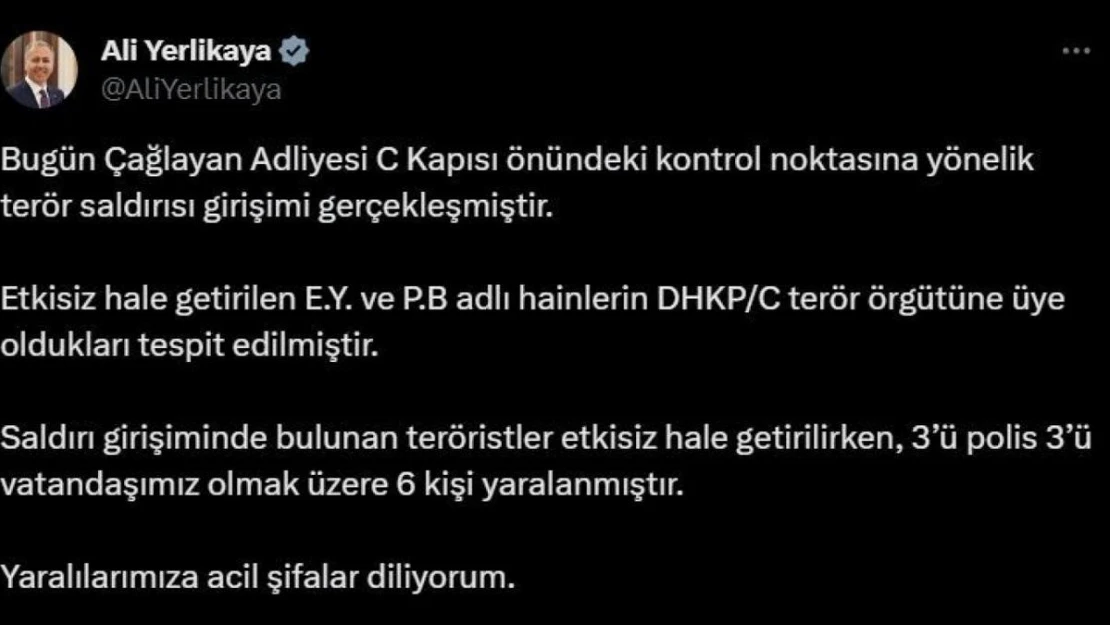 İçişleri Bakanı Ali Yerlikaya: 'Etkisiz hale getirilen E.Y. ve P.B adlı hainlerin DHKP/C terör örgütüne üye oldukları tespit edilmiştir'