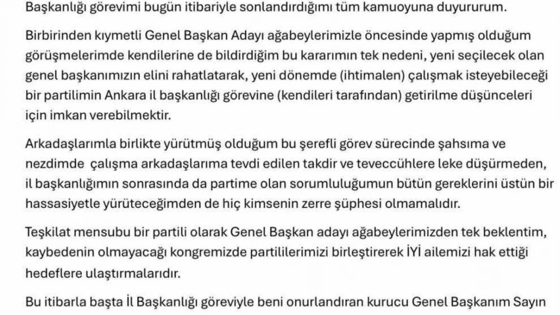 İYİ Parti Ankara İl Başkanı Akif Sarp Önder görevinden istifa etti