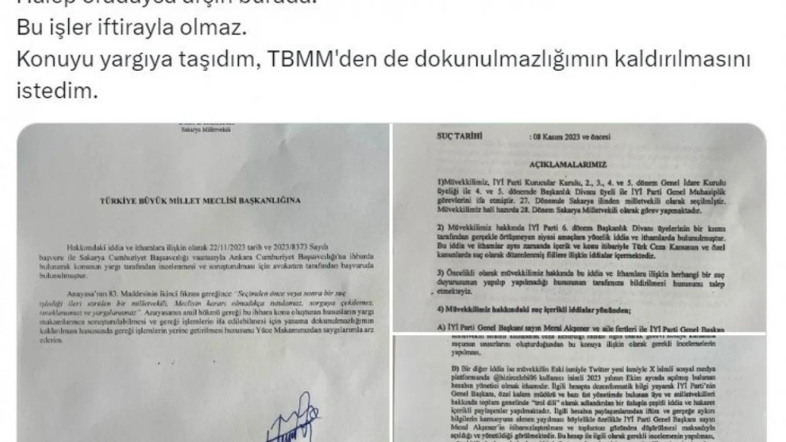 İYİ Partili Dikbayır, kendisi hakkında suç duyurusunda bulundu, dokunulmazlığının kaldırılması için TBMM'ye başvurdu