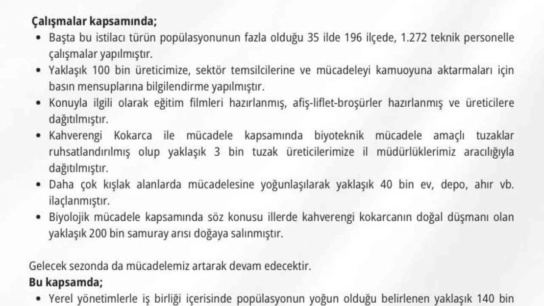 Kahverengi kokarca ile mücadele için 300 bin samuray arısı doğaya salınacak