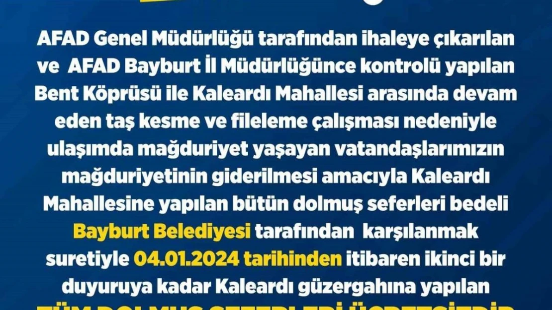 Kaleardı Mahallesi'ne sefer yapan dolmuşlar ile ilgili duyuru