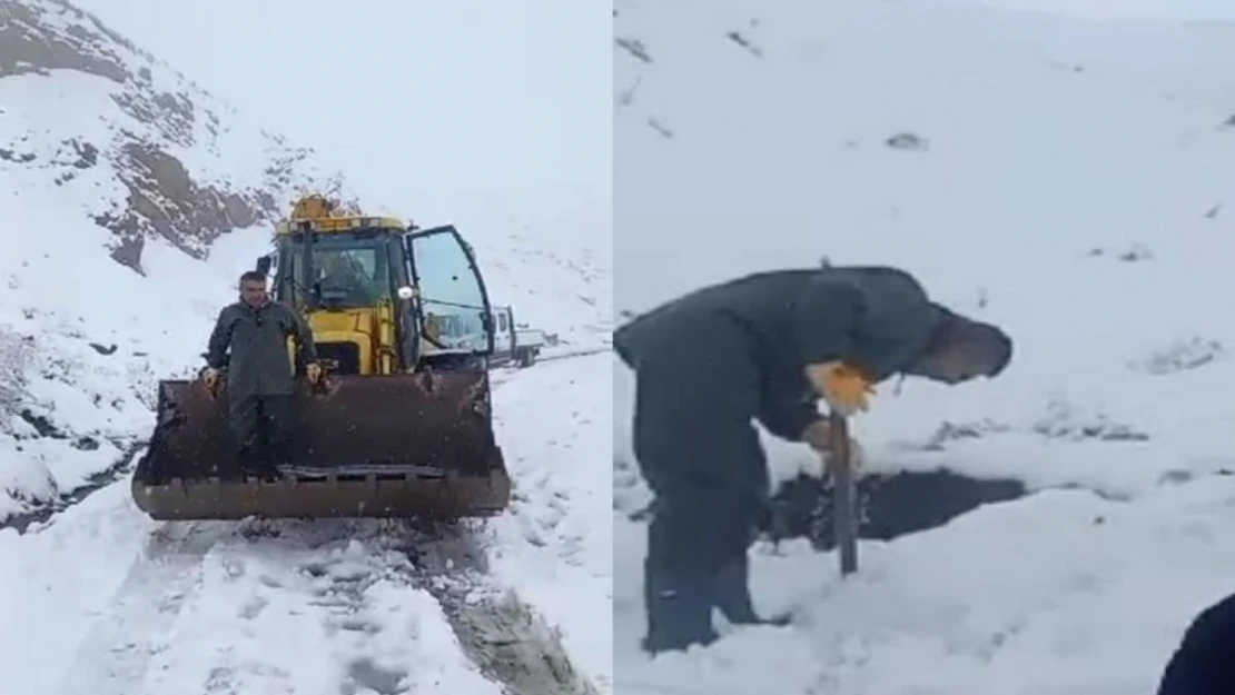 Karlı yolları aşan belediye ekibi su depolarını kontrol etti