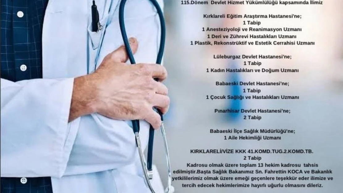 Kırklareli'ne 13 doktor kadrosu tahsis edildi