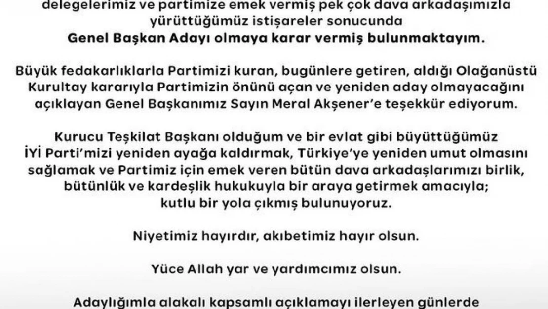 Koray Aydın, İYİ Parti Genel Başkanlığına aday olduğunu açıkladı