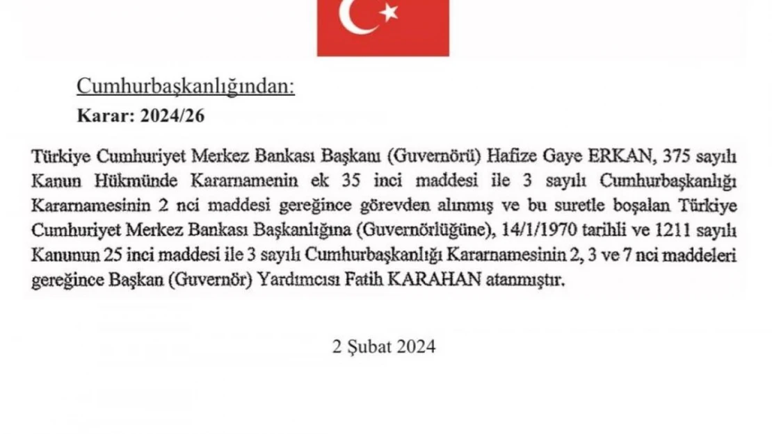 Merkez Bankası Başkanlığına Fatih Karahan atandı