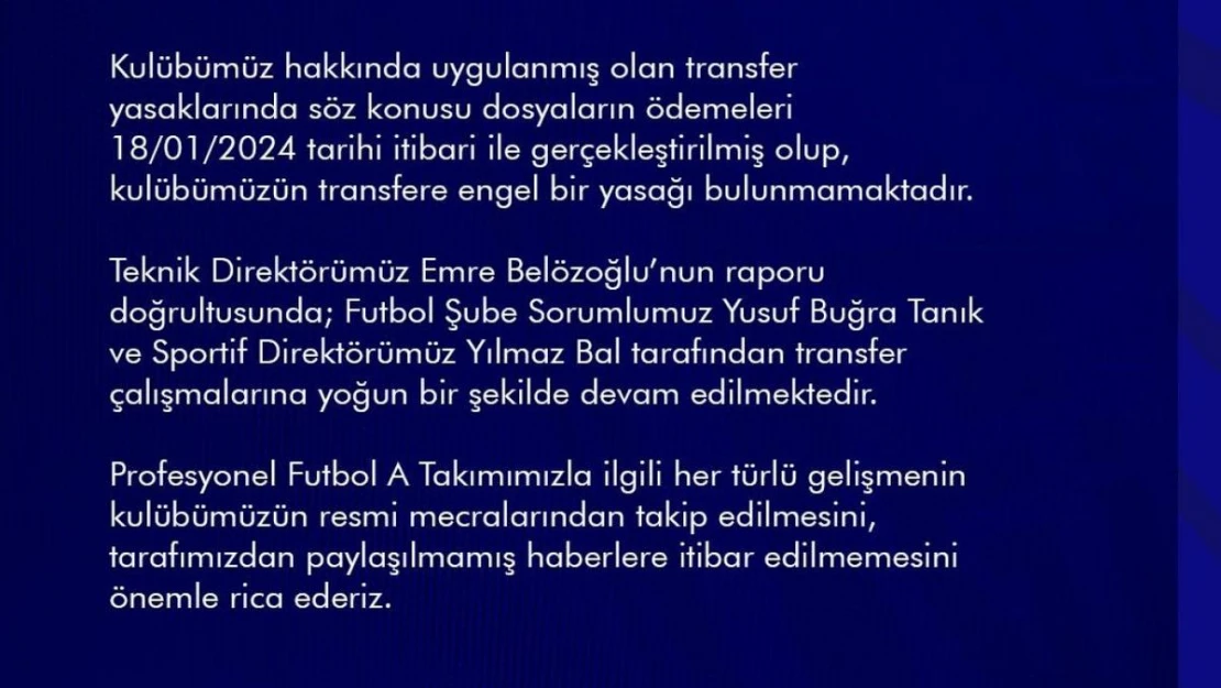 MKE Ankaragücü'nden 'transfer yasağı' açıklaması