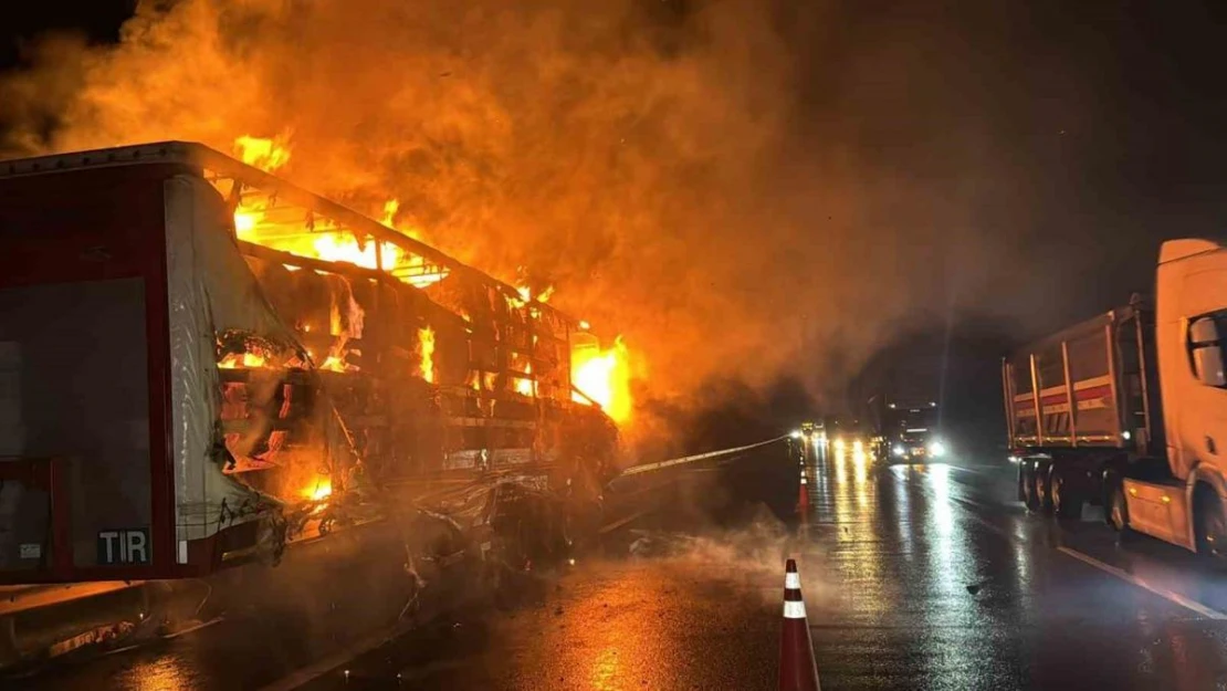 Otoyolda korkutan yangın: Pamuk yüklü tır alev alev yandı