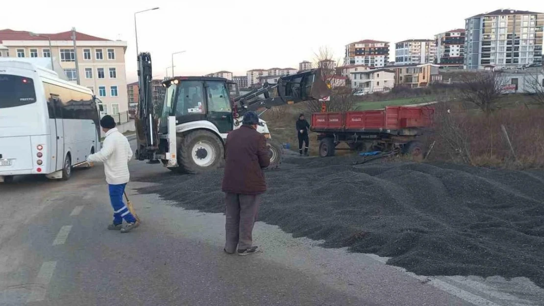 Römork devrildi: Yol, ayçiçeği harmanına dönüştü