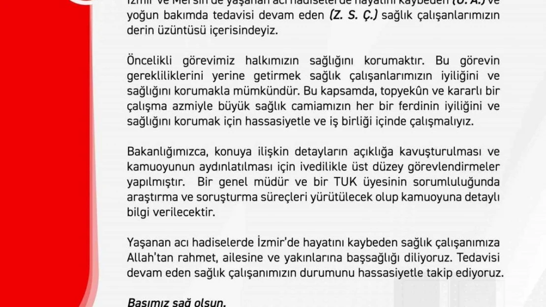 Sağlık Bakanlığı: 'Yoğun bakımda tedavisi devam eden sağlık çalışanımızın durumunu hassasiyetle takip ediyoruz'