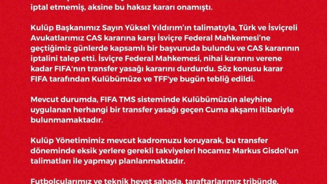 Samsunspor, transfer yasağının kaldırıldığını açıkladı