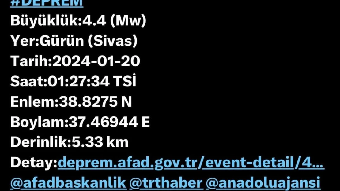 Sivas'ta 4.4 büyüklüğünde deprem