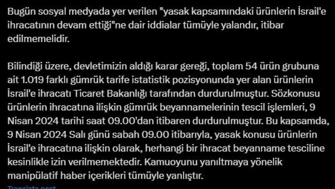 Ticaret Bakanlığından 'İsrail'le ihracatın devam ettiği' iddialarına yalanlama