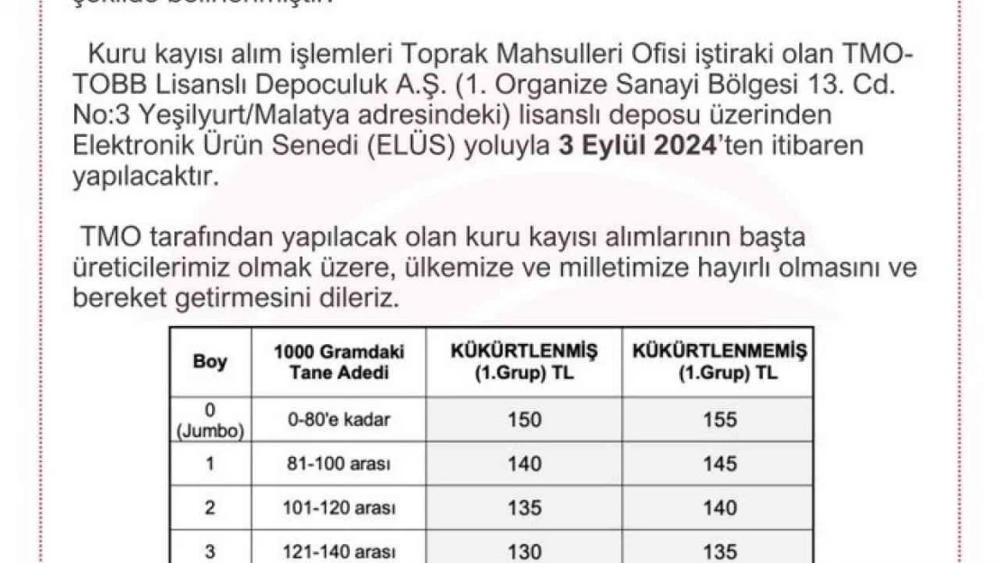 Toprak Mahsulleri Ofisi, 3 Eylül'den itibaren kuru kayısı alımı yapacak