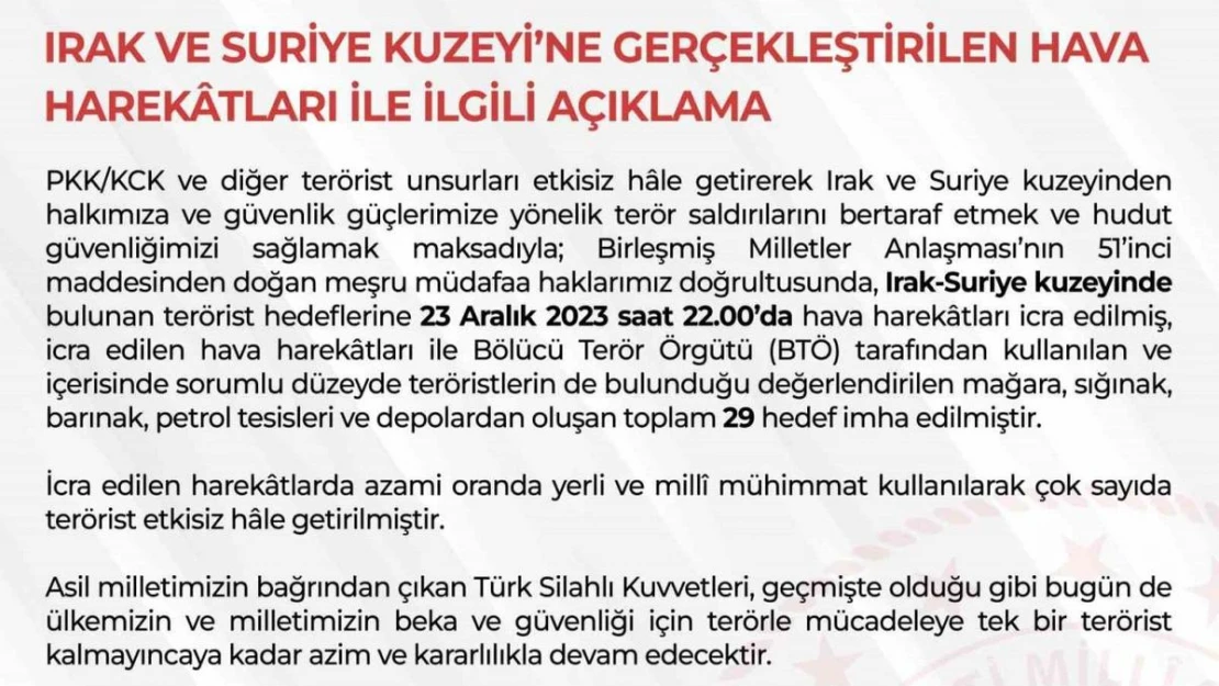 TSK bölücü terör örgütünün 29 hedefini imha etti