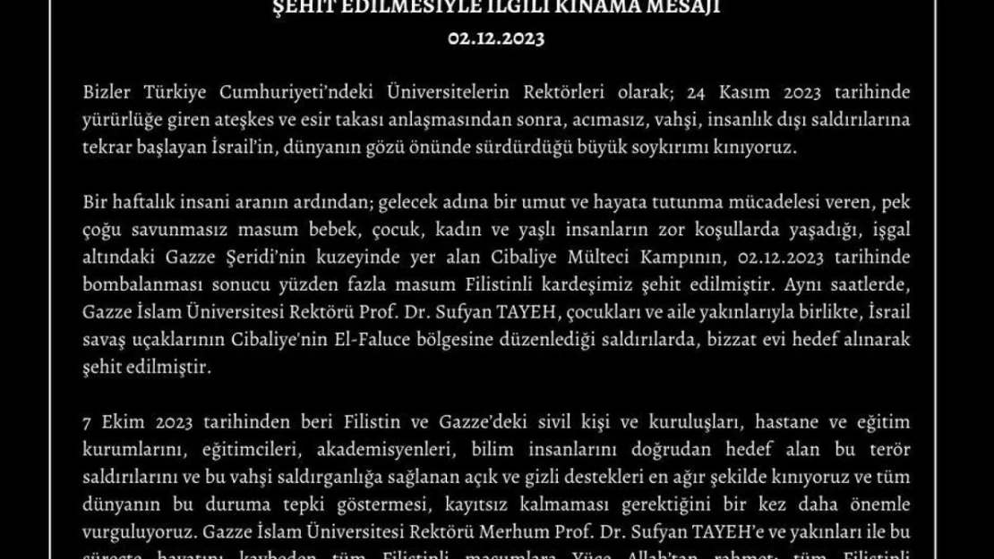 Üniversite rektörlerinden Gazze İslam Üniversitesi Rektörü Tayeh'in öldürülmesine kınama