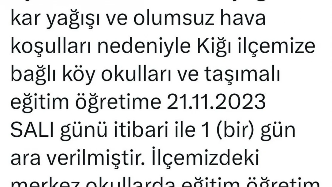 Yedisu'dan sonra Kiğı'da da taşımalı eğitime 1 gün ara verildi