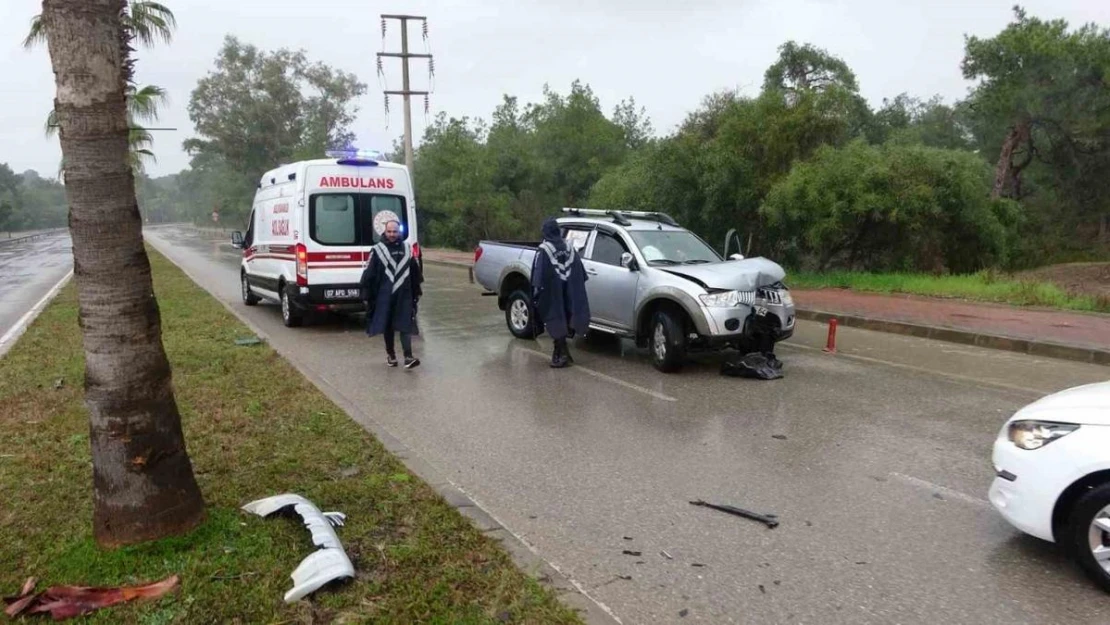 Yolda kayan kamyonet refüjdeki palmiyeye çarptı: 2 yaralı