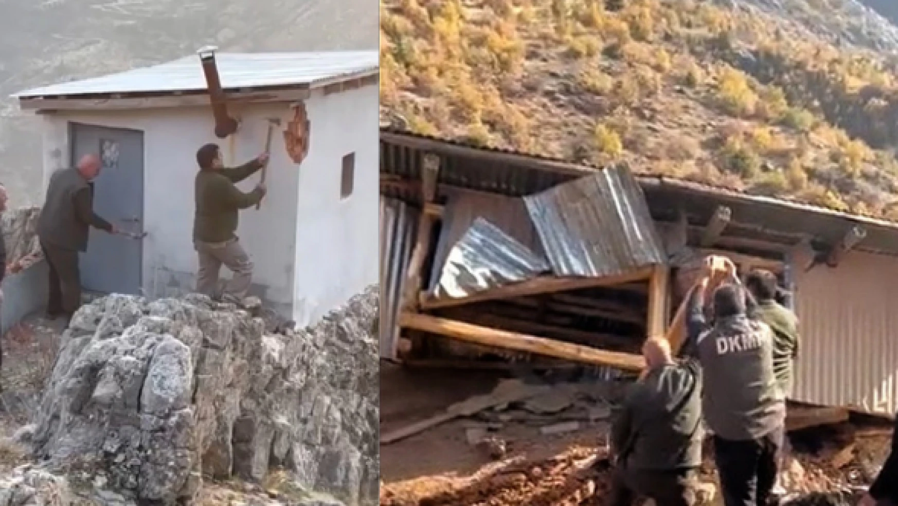 Erzincan'da kaçak avcı kulübeleri böyle yıkıldı