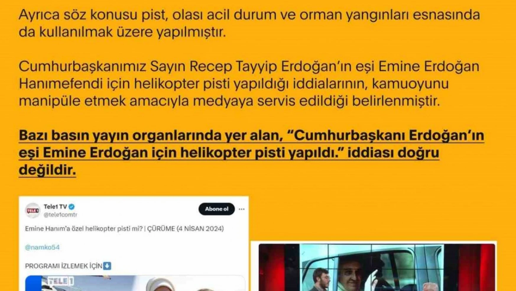 Dezenformasyonla Mücadele Merkezi: ''Cumhurbaşkanı Erdoğan'ın eşi Emine Erdoğan için helikopter pisti yapıldı' iddiaları doğru değildir'