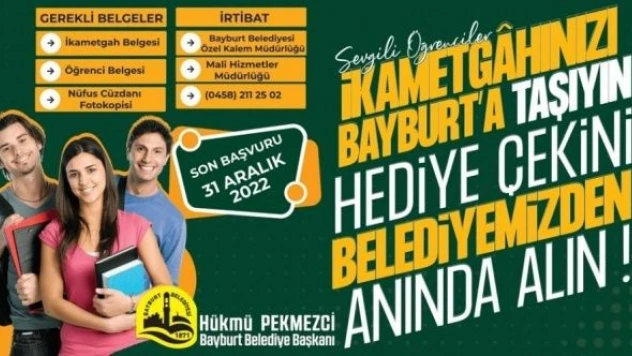 İkametini Bayburt'a alan öğrencilere belediyeden hediye çeki