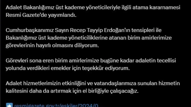 Adalet Bakanlığı üst kademe yöneticileriyle ilgili atama kararnamesi Resmi Gazete'de yayımlandı
