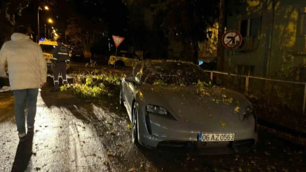 Ankara'da şiddetli rüzgarda kırılan ağaç dalı lüks otomobilin üzerine düştü