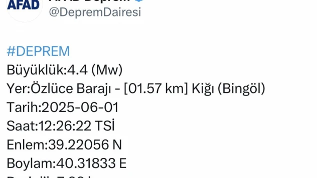 Bingöl'de 4,4 büyüklüğünde deprem