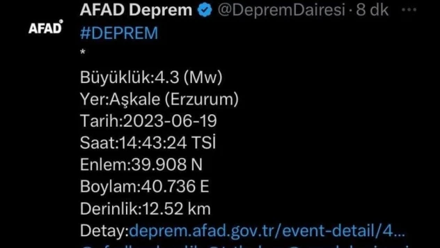 Erzurum'da 4,3 büyüklüğünde deprem
